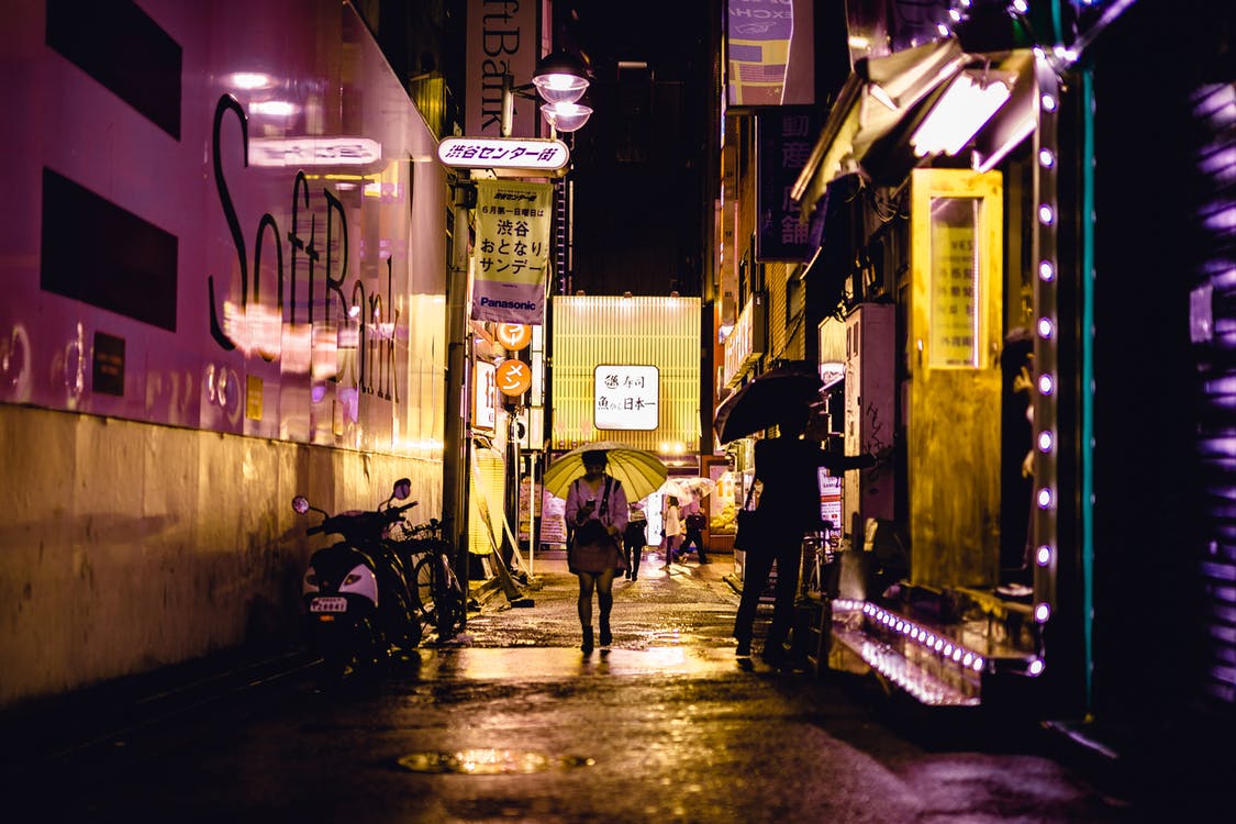 People walking in an alley in Tokyo, Japan at night