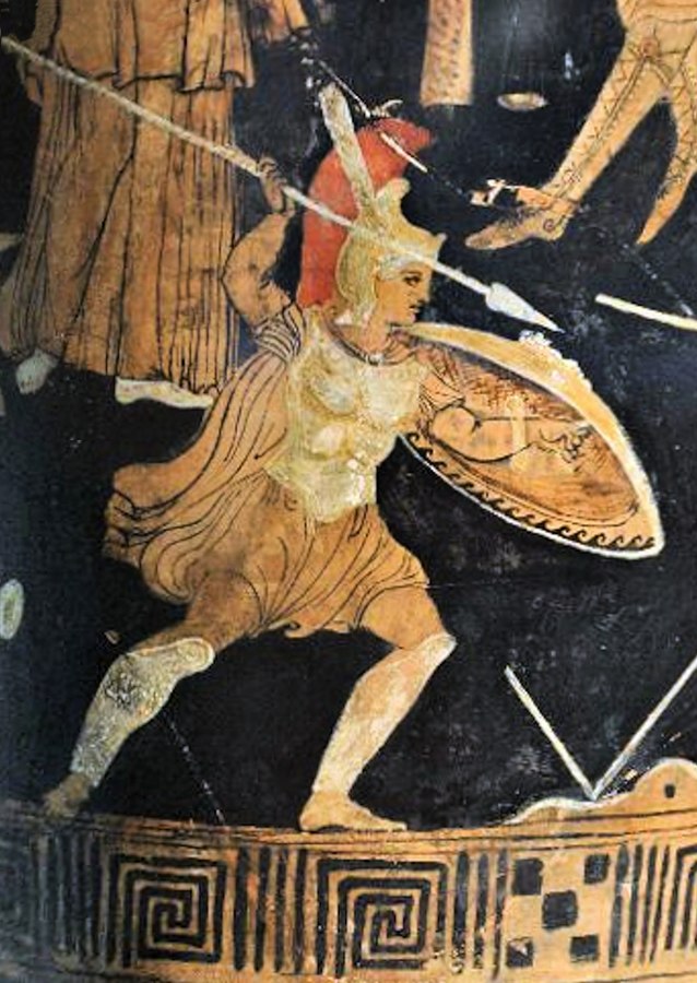 Design on Grecian pottery depicting Achilles holding a spear