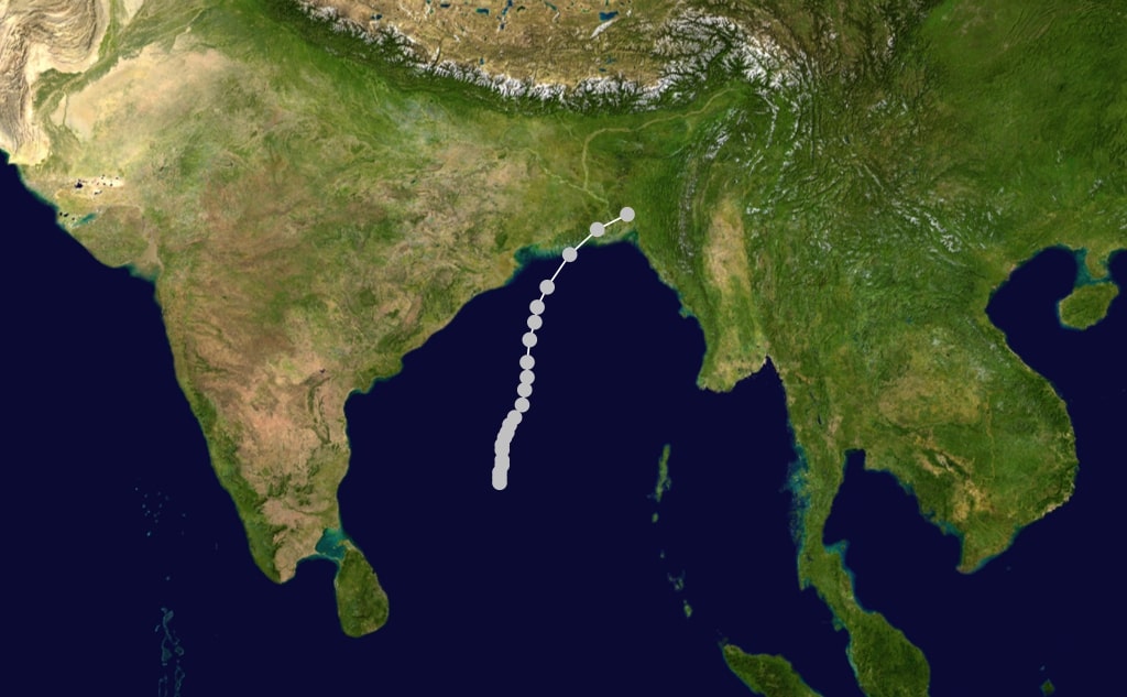 Map tracking the Great Bhola Cyclone through the Bay of Bengal
