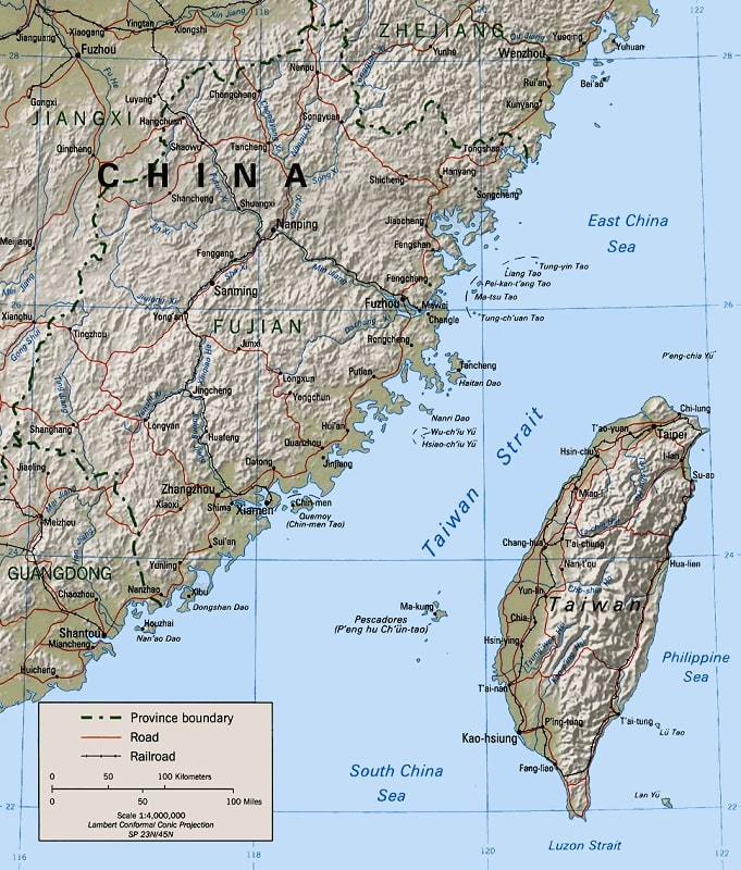 Map showing Taiwan off the coast of China
