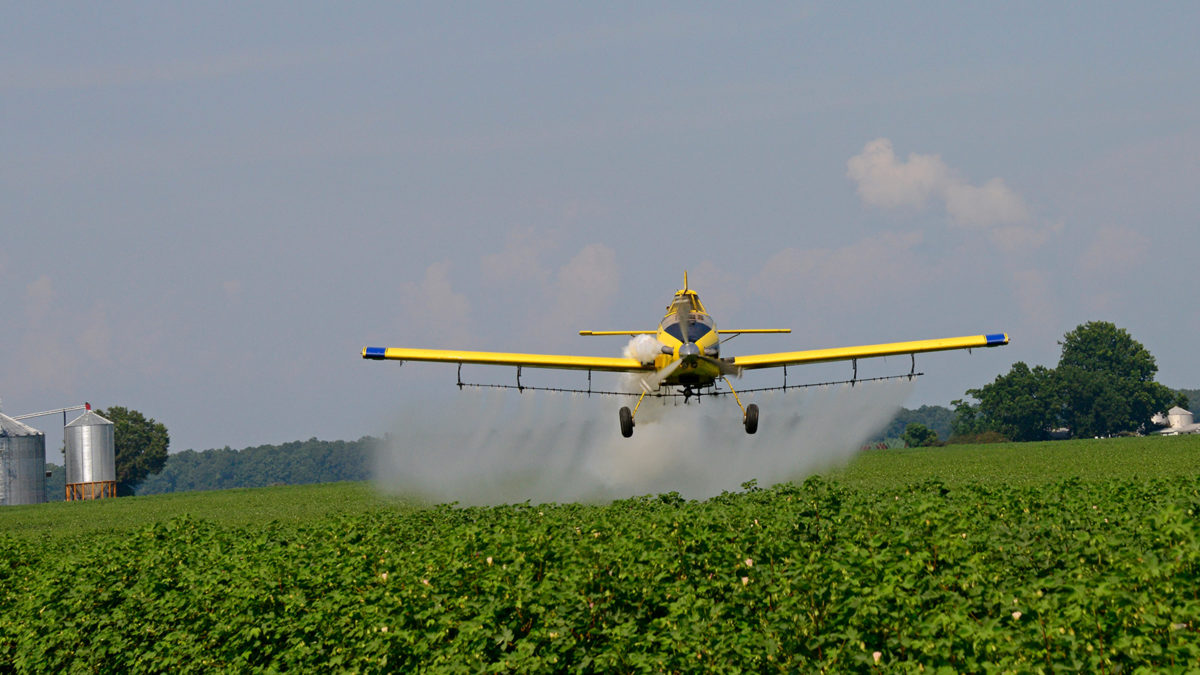 Crop dusting aircraft disseminating mist over crops