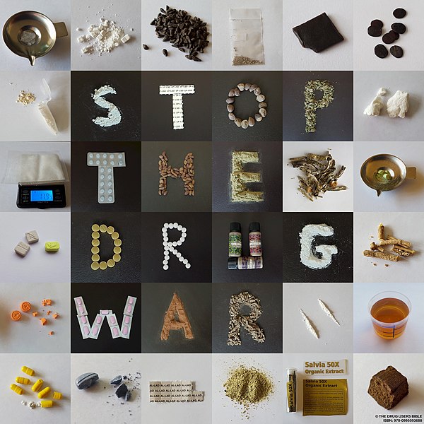 An artistic collage of square photographs showing different types of drugs spelling out the words Stop the Drug War in the center, by DMTrott