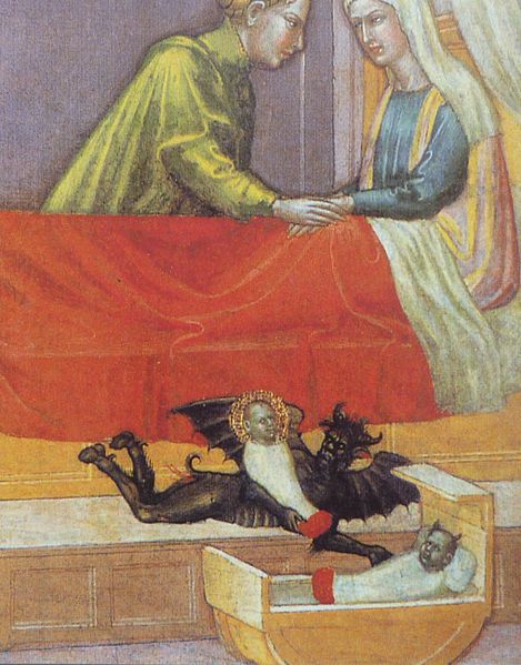 15th-century Italian painting, colorful and in a style resembling religious iconography, of the devil exchanging a changeling for a baby