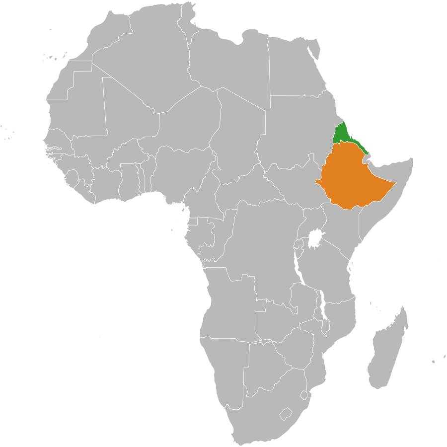 Map showing the location of Eritrea north of Ethiopia on the eastern side of Africa