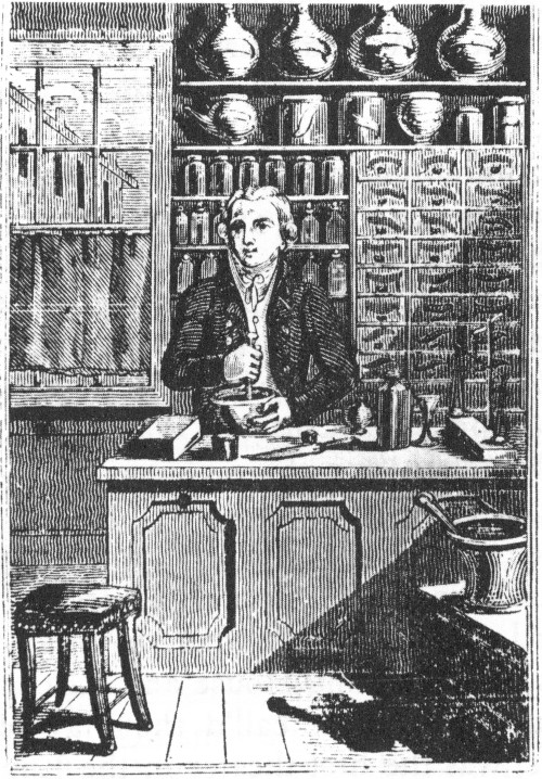 black-and-white illustration of 18th-century apothecary