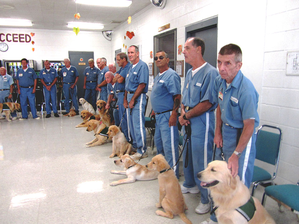 Group of incarcerated men with their prison training dogs