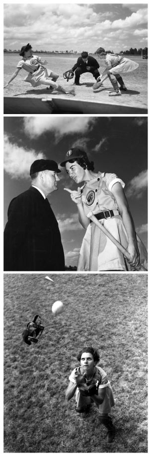 Vertical of three black-and-white photographs taken of AAGPBL Fort Wayne Daisies players in 1948 (in order from top to bottom): Marg Callaghan slides into home plate, Marie Wegman argues with an umpire, Mary Rountree prepares to catch a ball captured mid-air