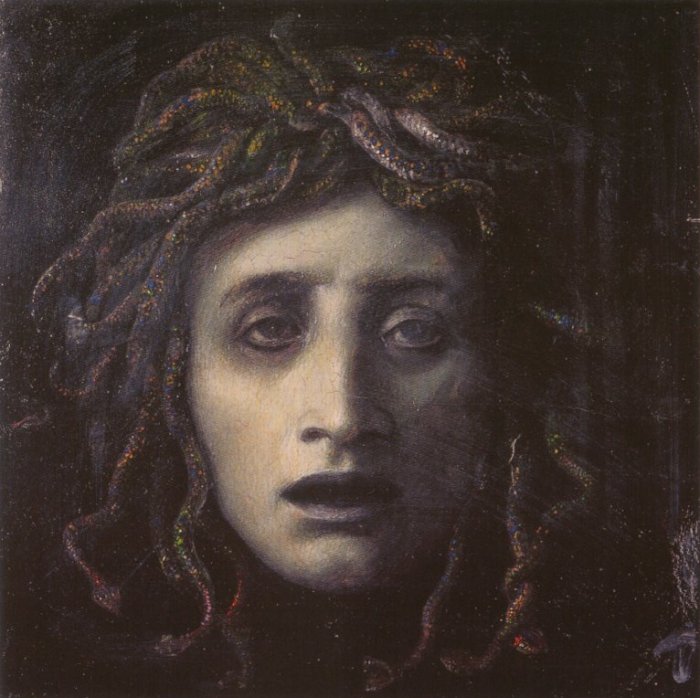 Painting of Medusa, a monstrous woman with snakes for hair, by Arnold Böcklin