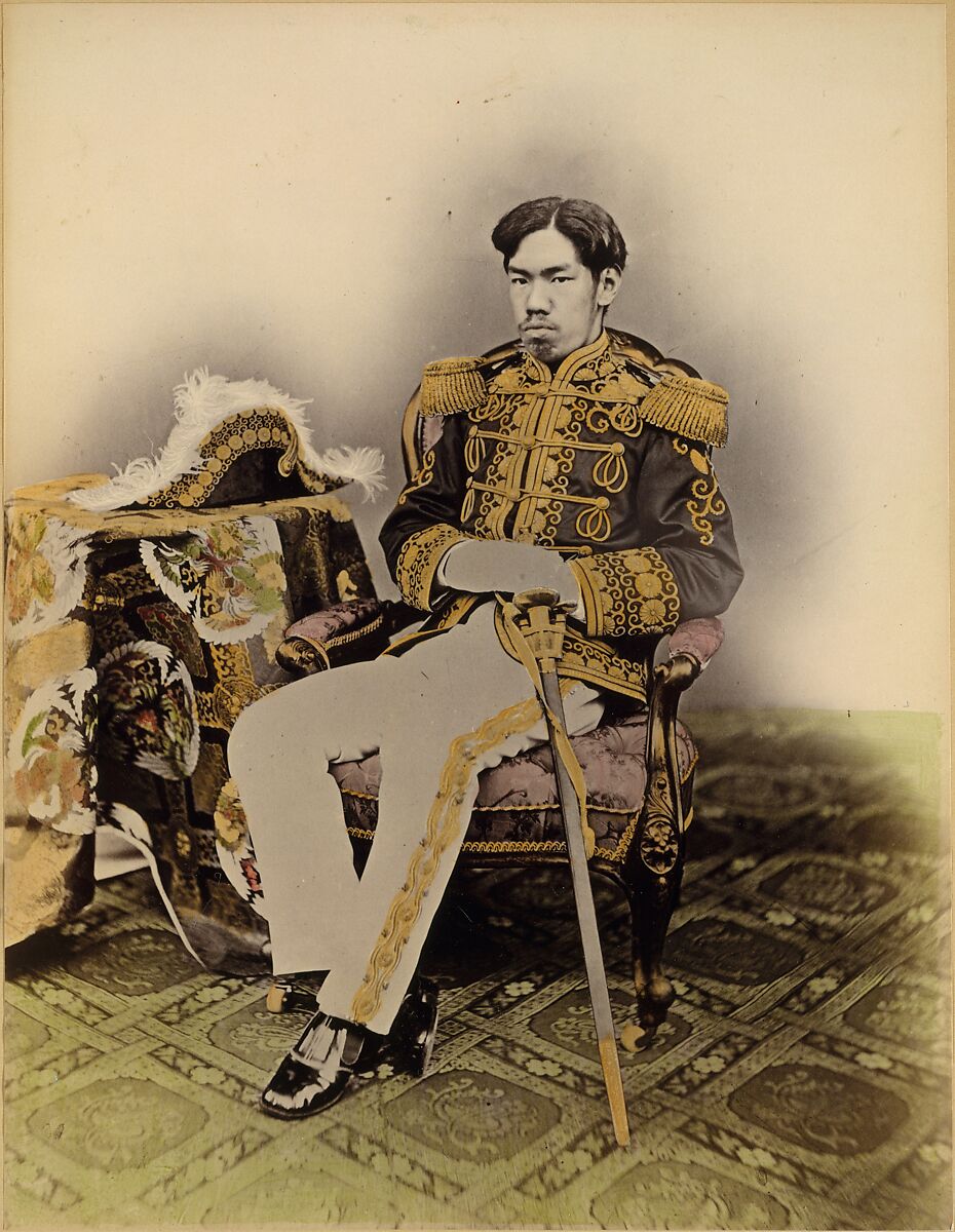 Albumen silver print photograph with applied color of Emperor Meiji, seated