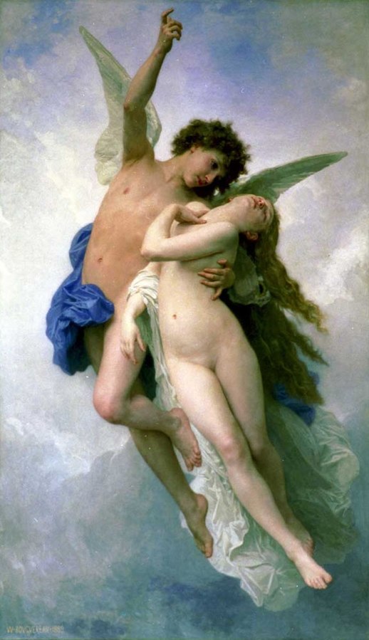Painting of winged Eros holding Psyche, both nude