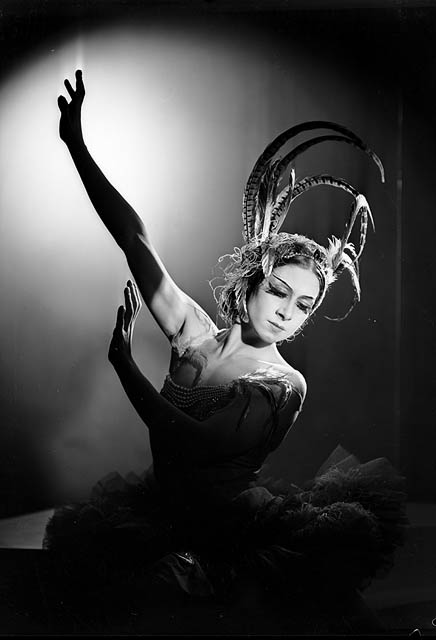 Black and white picture of ballerina in costume from The Firebird in 1936-1937