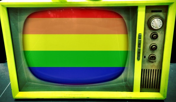 A television set with a rainbow flag inside