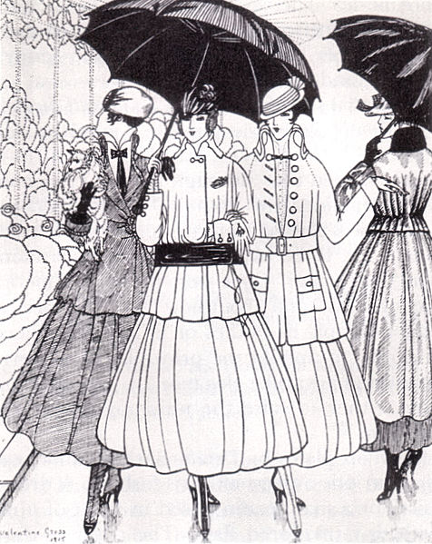 1915 Black-and-white drawing from Gazette du Bon Ton showing drawings featuring tailored suits from different designers (Lanvin's in the center) on women under an umbrella