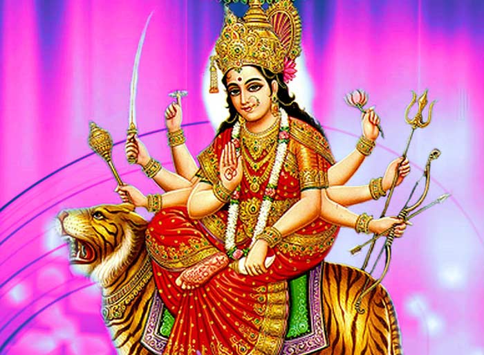 Durga Maa with eight arms riding a tiger