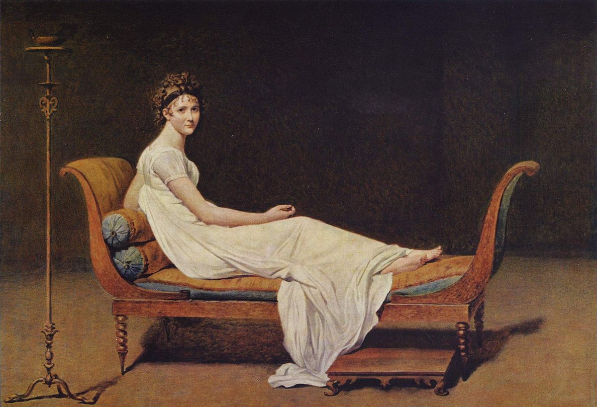 Juliette Récamier reclining in chemise dress painted by Jacques-Louis David