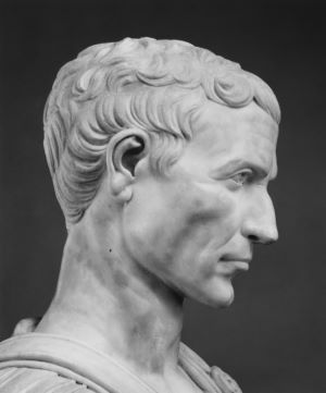 Sideways view of marble bust of Julius Caesar, focused on head and neck facing to the right against gray background