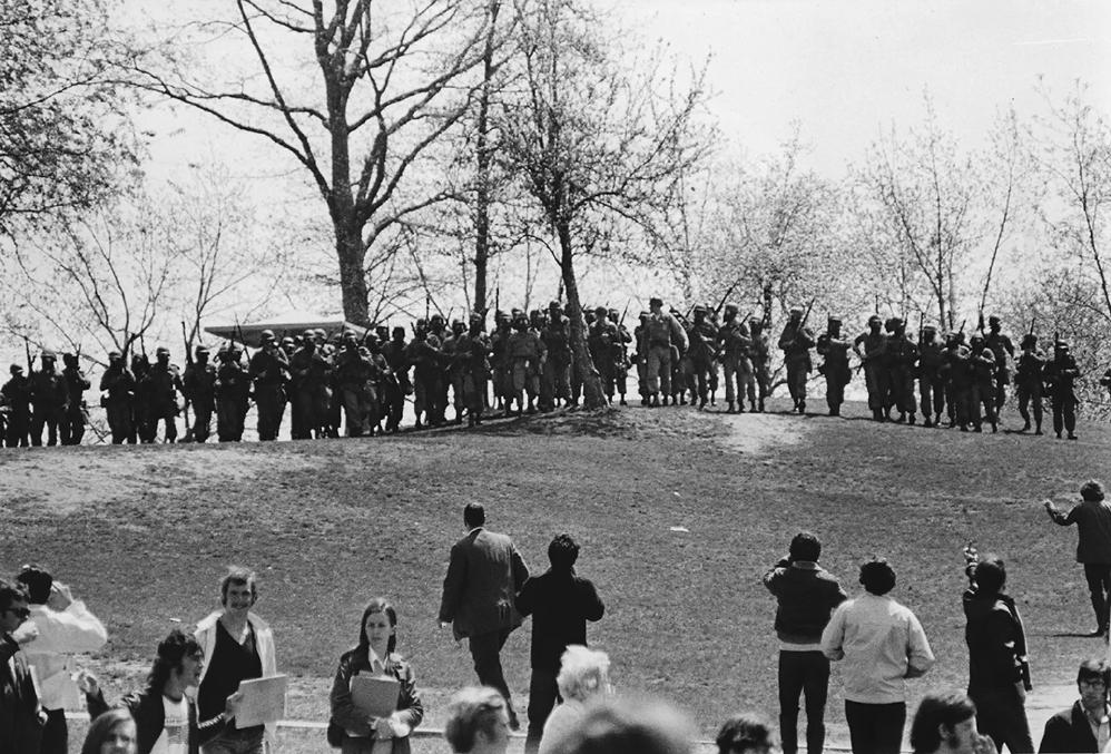 A photo of student protestors at Kent State University facing Ohio National Guardsmen