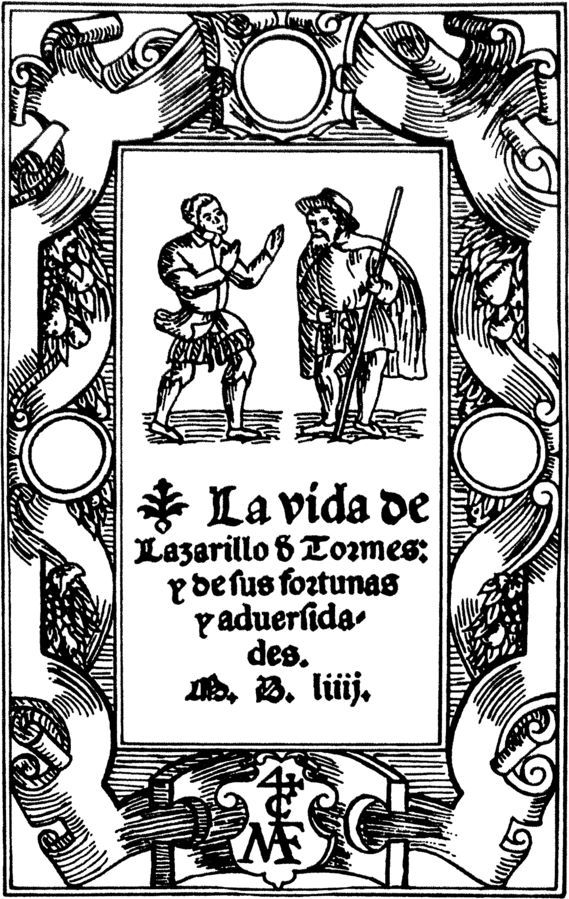 Black-and-white illustrated title page from 1554 edition of Lazarillo de Tormes