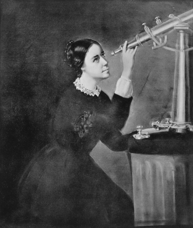 Black-and=white portrait of Maria Mitchell from 1851, showing the astronomer gazing upward through a telescope