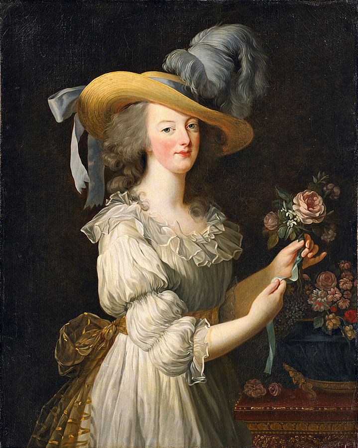 Marie Antoinette in chemise dress holding flowers painted by Elisabeth Le Brun