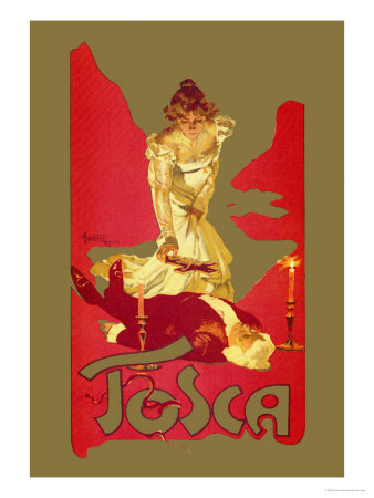 1899 Tosca poster depicting woman with cross in hand, bent over presumably dead man, against gold and red background