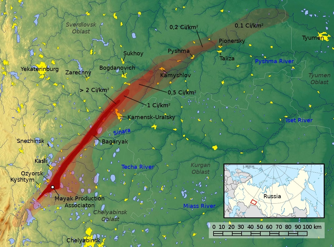 Map showing radioactive traces in the area of the Urals after the Kyshtym disaster