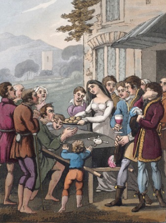 Drawing from the 19th century of bread being served to a sin-eater who is sitting at a coffin surrounded by people