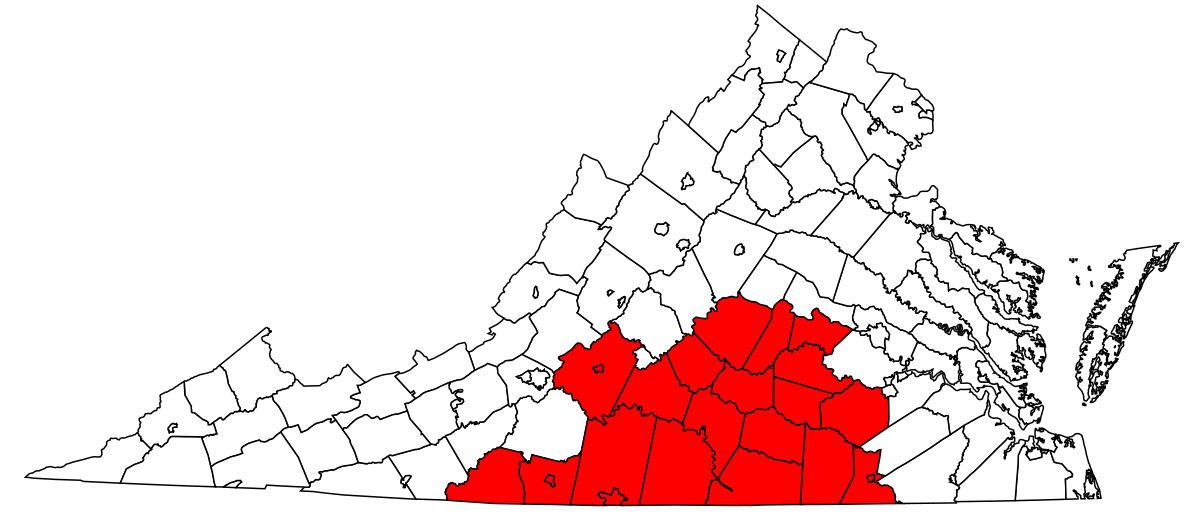 Map showing state of Virginia with Southside covering the central southern area of the state and marked in red