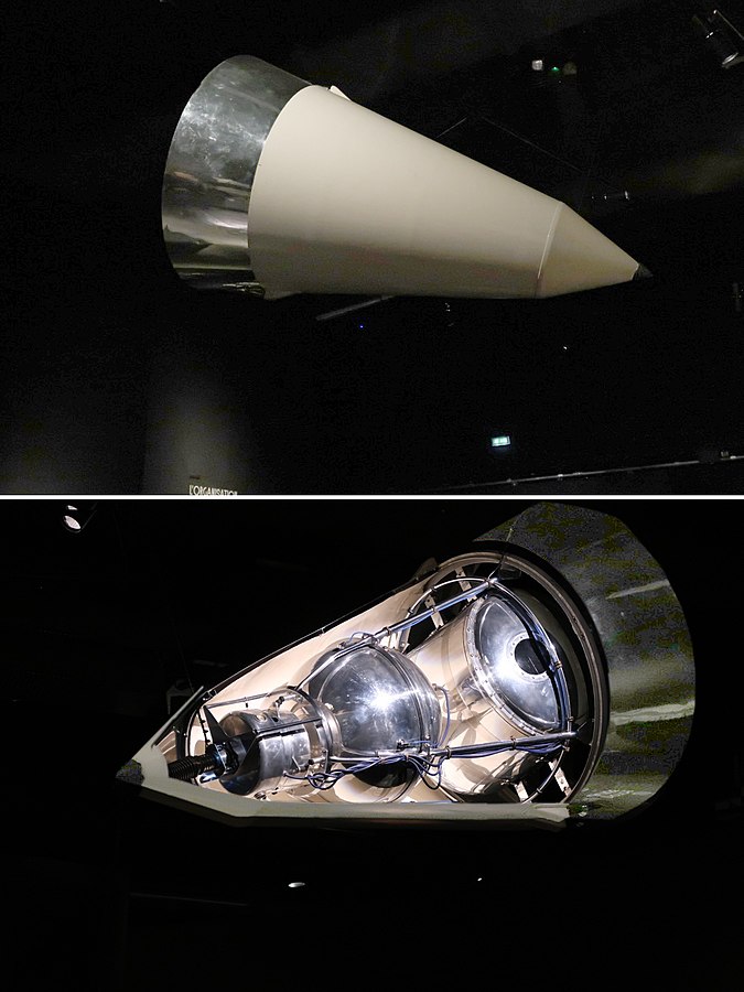 Photographs of Sputnik 2 model from the Musée des Confluences in Lyon France, showing the satellite from the outside and the inside