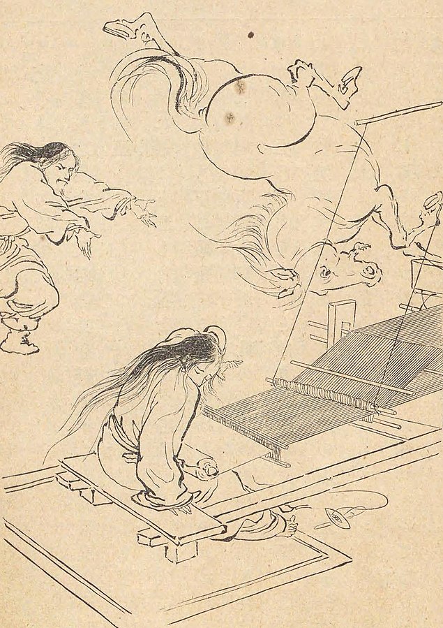 Sketch of Susanoo throwing a horse at Amaterasu's loom