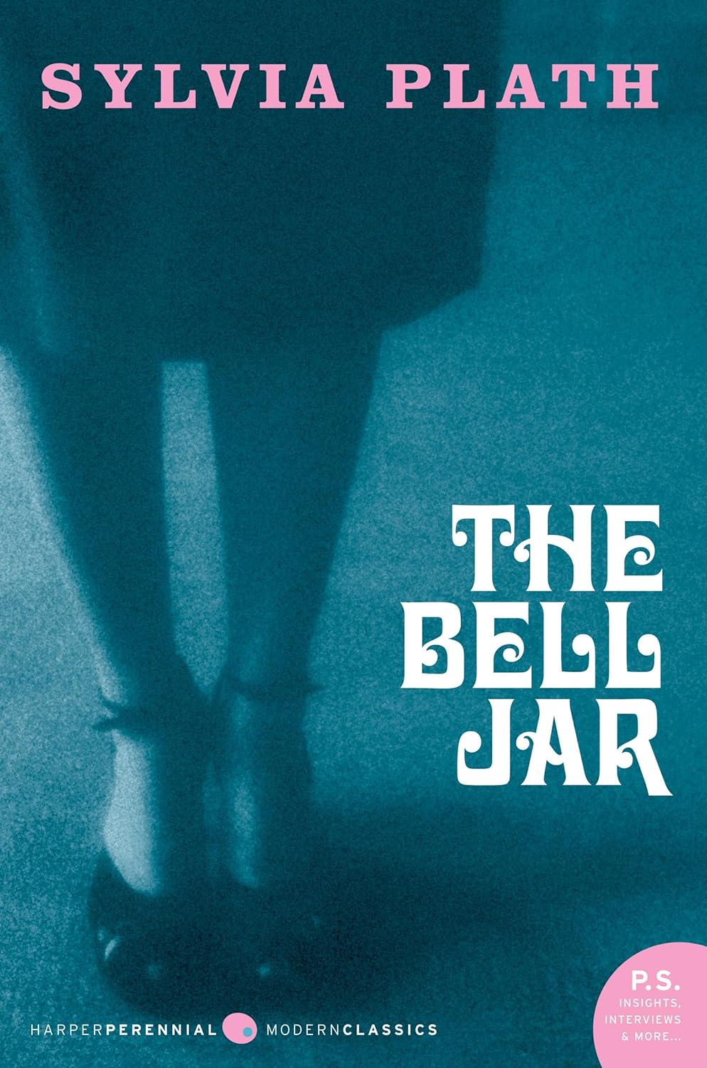 Book cover for The Bell Jar featuring a woman's legs; she is wearing a skirt and shiny shoes with ankle straps