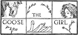 Black-and-white illustration for The Goose Girl from 1912, showing panels containing each word of the title, as well as whimsical drawings of what appear to be the horse's head, the geese, and the girl from the story