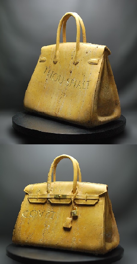 Front and back of sculpture of a Birkin bag that says thou shalt covet